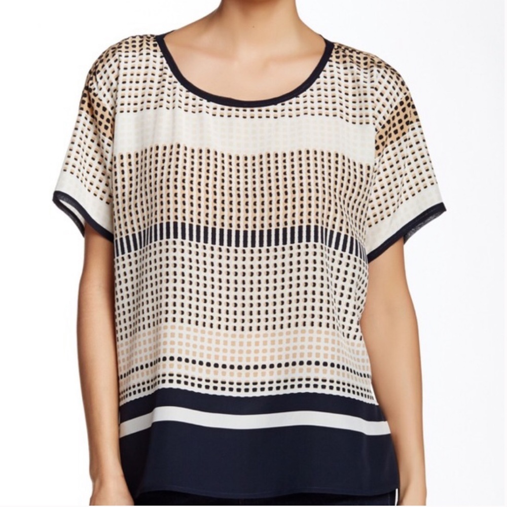 Vince Navy and Cream Short Sleeve Printed Silk Blouse